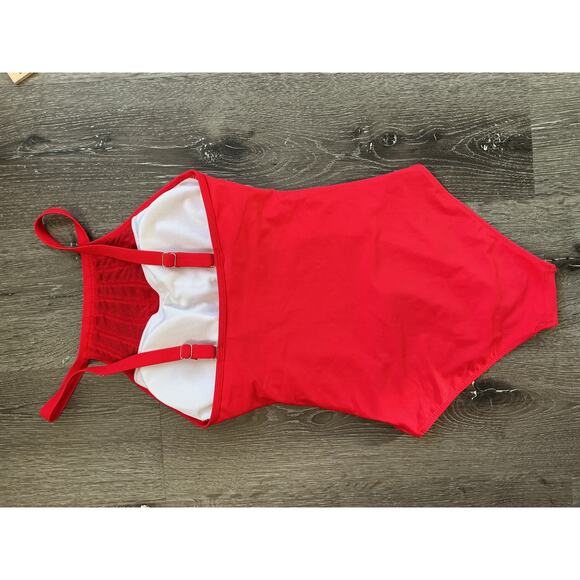 One Piece Ruched Side Halter‎ Neck Mesh Detail Red Bathing Swim Suit Womens XS - Picture 6 of 9